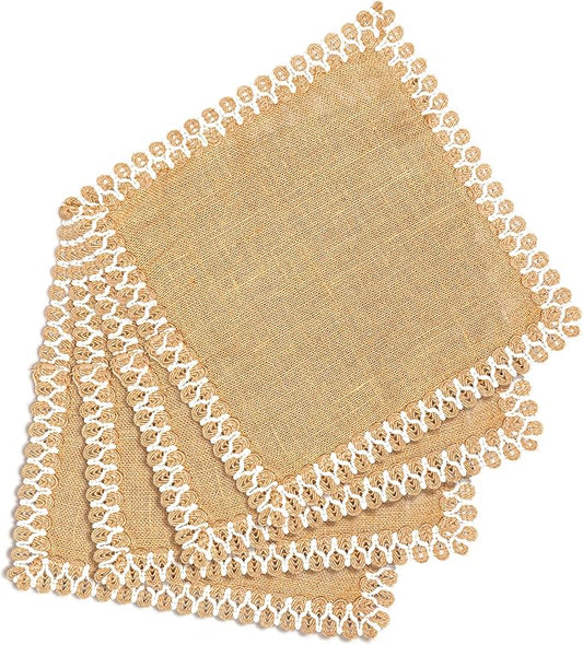 Hausattire Jute Burlap Placemat 13x19 Inches - Natural, Lace Design Edges Table Mats for Bar Table Indoor Outdoor Rustic Thanksgiving Farmhouse Kitchen Coffee Dinner Table Decor Mats - Set of 4