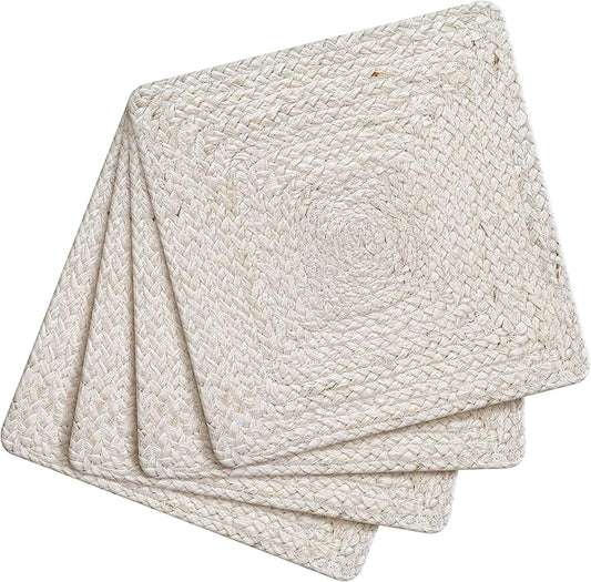 Hausattire Jute Braided Placemats 14x14 Inches Set of 4 Reversible Handwoven Boho Vintage Placemats for Kitchen Dining Tables|BBQ's Thanksgiving Decor Weddings Indoor & Outdoor Parties|Off-White