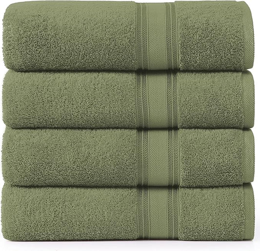 Lane Linen 100% Cotton 4 Pack Bath Towels (30"x60") - Zero Twist, Mercerized Cotton Bathroom Towel Set - Quick Dry, Extra Soft & Absorbent Large Bath Towels - Tumble Dry Regains Fluffiness - Oil Green