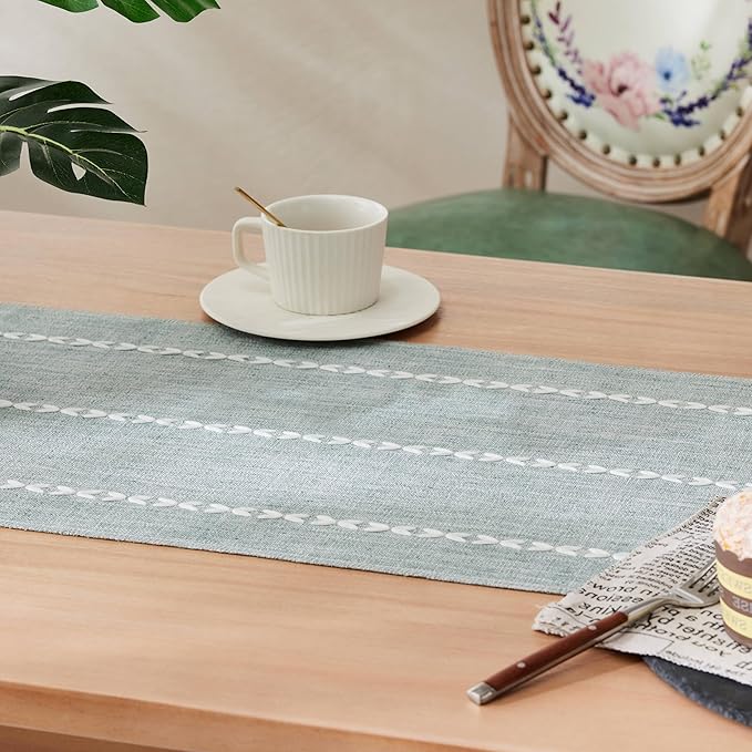 Braided Farmhouse Table Runner,Braided Dusty Blue 13x72 Inch, Cotton Linen Table Runners 72 Inches Long, Embroidered Striped Dusty Blue Boho Table Runner Rustic Home Decor