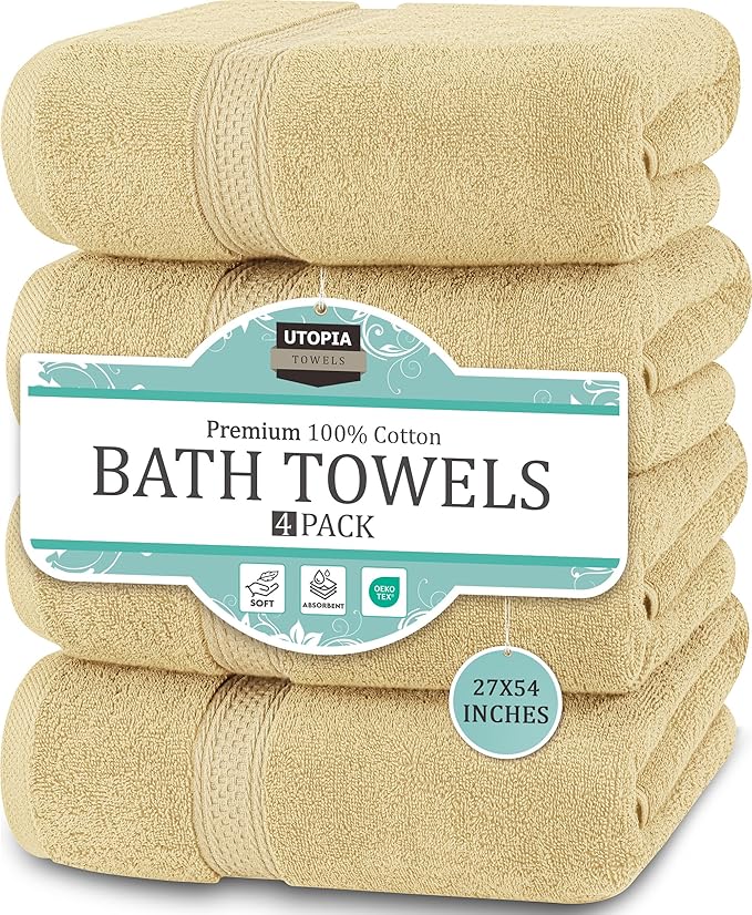 Utopia Towels 4 Pack Premium Bath Towels Set, 27 by 54 Inches, 100% Ring Spun Cotton 600GSM, Lightweight and Highly Absorbent Quick Drying Towels, Perfect for Daily Use, Beige
