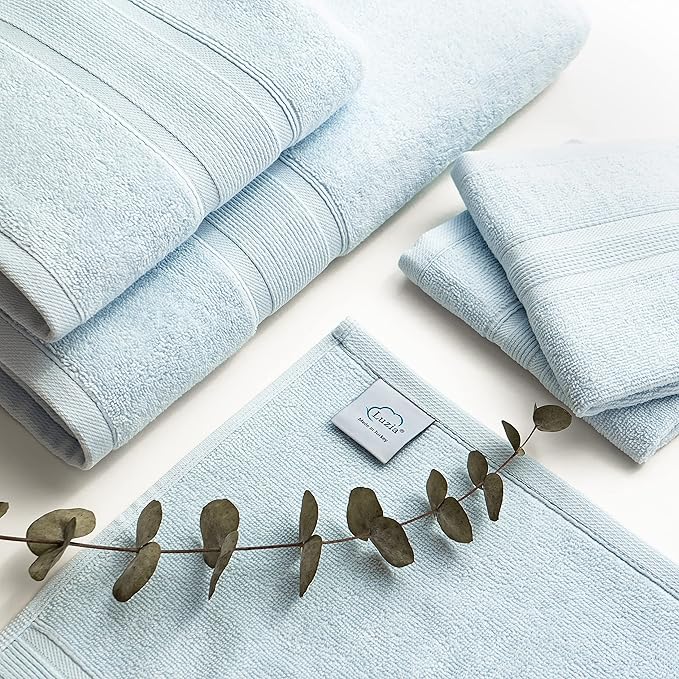 Luzia 8 Piece Towel Set - 100% Turkish Cotton, Premium Quality - 2 Bath Towels 2 Hand Towels and 4 Washcloths (Light Blue)