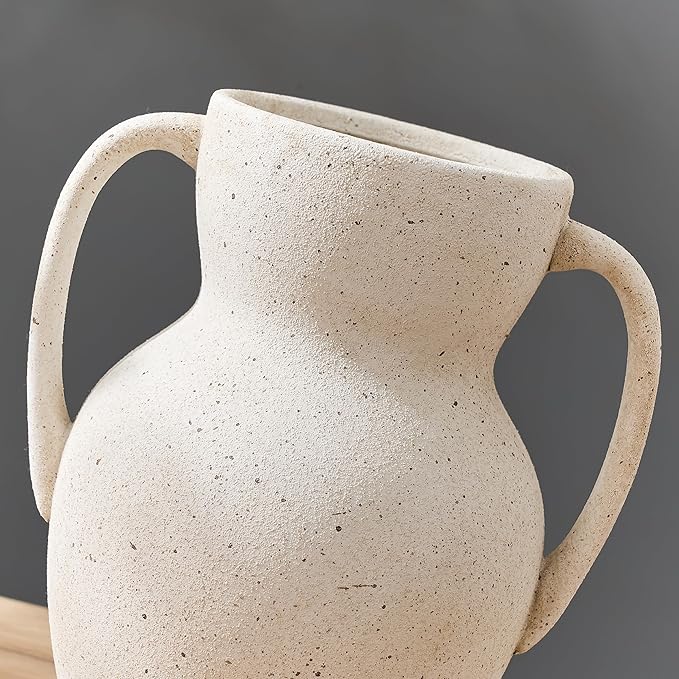 White Ceramic Rustic Vase with 2 Handles, Farmhouse Round Flower Vase, Vintage Terracotta Vases for Home Decor, Wedding, Living Room, Table, Shelf Decor - 8.6 Inch Tall, Speckled White