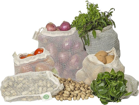 Mesh Grocery Bags - Veggie Bags Reusable - Reusable Mesh Fruit, Vegetable Bags - Eco-friendly Produce Bags - Cotton Net Bags for Produce - Reusable Bags for Produce | 6 Bags (3 XL, 3 L)