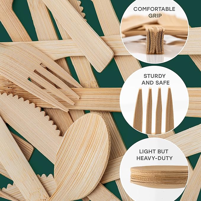 100% Bamboo Utensils - 50SET(150PCS) Traveler Package Carbonized Disposable Cutlery Biodegradable and Sanitized - Heavy Duty & Fully Functional