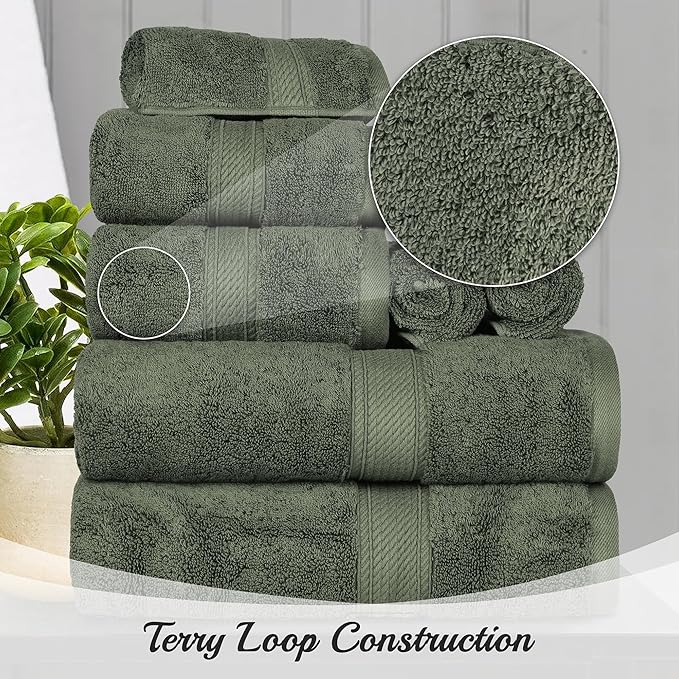 BNM Egyptian Cotton Heavyweight Towels, Ideal For Bathroom, Shower, Spa, Hotel, 800 GSM, Face/ Washcloths, Hand Towels, Bath Towels, Highly-Absorbent, Luxury Basics, 9 Piece Towel Set, Forest Green