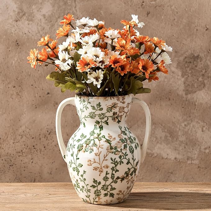 Green and Beige Farmhouse Vintage Vase with 2 Handles, Chinoiserie Floral Vase, Rustic Ceramic Vases for Home Decor, Wedding, Living Room, Table, Shelf Decor - 8.3 Inch Tall