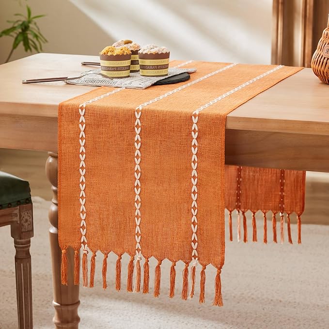 Braided Farmhouse Table Runner,Braided Pumpkin 13x48 Inch, Cotton Linen Table Runners 48 Inches Long, Embroidered Striped Pumpkin Boho Table Runner Rustic Home Decor
