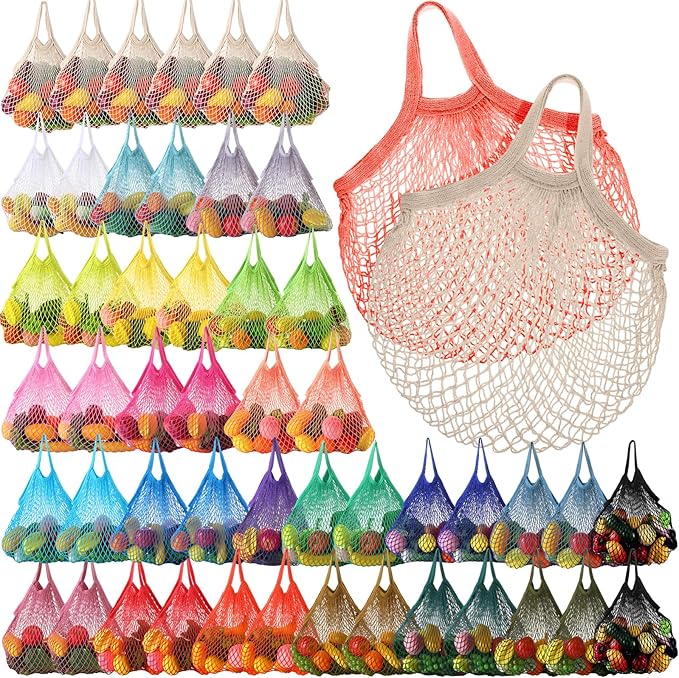 Paterr 50 Pack Cotton Mesh Produce Bags Bulk Reusable Market Bag Washable Net Grocery Purse String Shopping Tote Beach Organizer for Vegetable Fruit Picnic Food Storage (Short Handle,Multicolor)