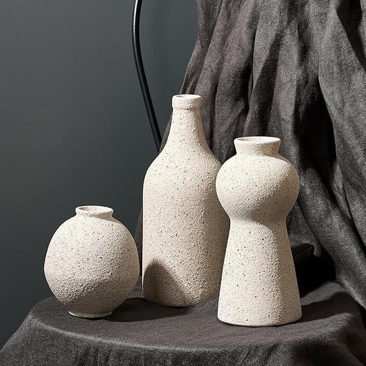 Ceramic Vase Set of 3 for Home Decor, Handcrafted Sesame Dot White Rustic Terracotta Vases, Vintage Farmhouse Decor, Minimalist Decorative Vases for Table Centerpiece Fireplace Nightstand Decoration