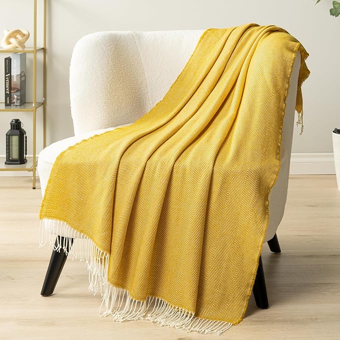 PAVILIA Yellow Herringbone Throw for Couch, Decorative Outdoor Accent Blanket, Faux Cashmere, Lightweight, 50x60