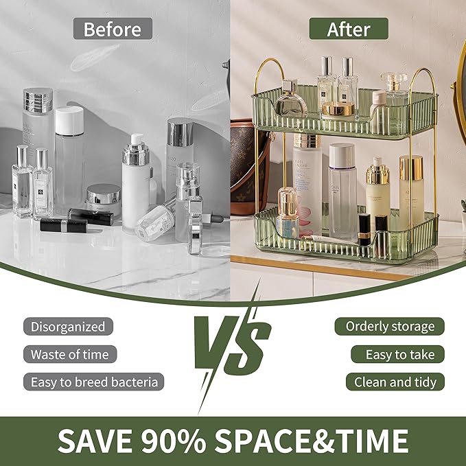 2 Tier Bathroom Organizer Countertop Makeup Perfume Tray Skincare Organizer for Bathroom Dresser Vanity (Green)