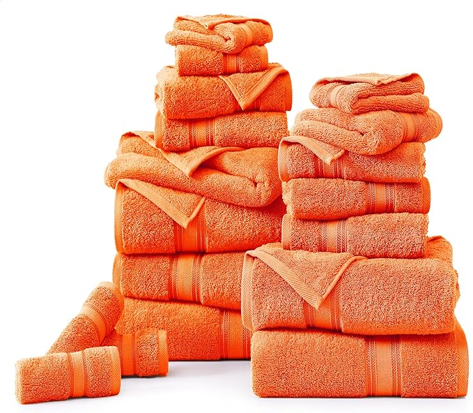 LANE LINEN Luxury Bath Towel Set of 18 – 100% Ring-Spun Cotton, 6 Bath Towels, 6 Hand Towel & 6 Washcloths, Zero Twist, Remains Soft & Absorbent Even After Multiple Washes, Quick Dry - Tiger Lily