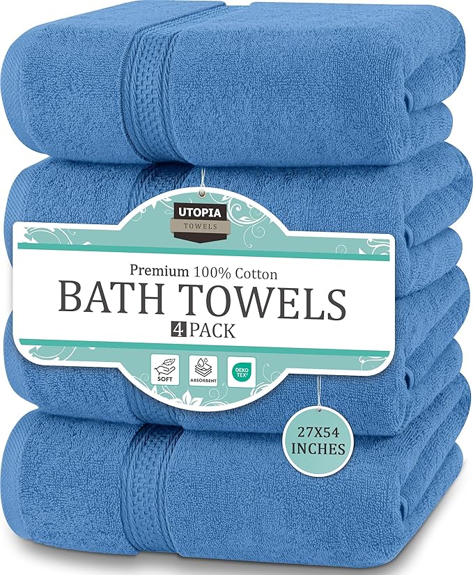 Utopia Towels 4 Pack Premium Bath Towels Set, 27 by 54 Inches, 100% Ring Spun Cotton 600GSM, Lightweight and Highly Absorbent Quick Drying Towels, Perfect for Daily Use, Electric Blue
