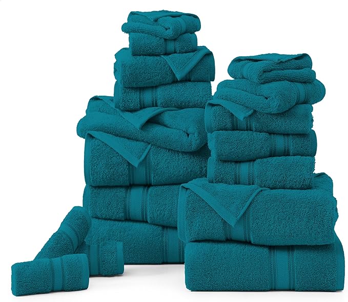 Lane Linen 100% Cotton Luxury Bathroom Towel Set - 18 Pcs - Zero Twist, Quick Dry, Super Soft & Highly Absorbent - 6 Bath Towels, 6 Washcloths, 6 Hand Towels - Tumble Dry regains Fluffiness - Sea Port