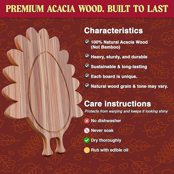 New – Turkey Charcuterie Board – Acacia Wood Turkey Shaped Cutting Board (15x13in) Thanksgiving Serving Tray, Fall Cheese Board, Autumn Platter, Wooden Serveware & Thanksgiving Kitchen Decor Gift