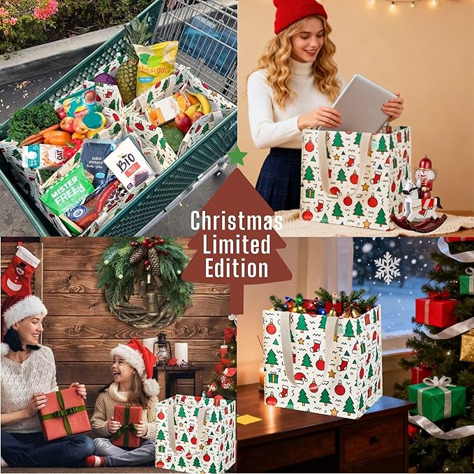 VENO 4 Pack Christmas Reusable Grocery Bags, Heavy-Duty Shopping Bags with Handles, for Shopping Cart with Hard Bottom to Stand Upright, Foldable (Jingle Mix, 4 Pack)