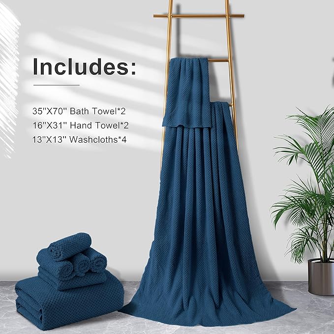 8-Piece Navy Bath Towel Set, 2 Extra Large Bath Towel Sheets, 2 Hand Towels and 4 Washcloths - Highly Absorbent Quick Dry Microfiber,Ultra Soft Towel Set for Bathroom, Waffle Weave Design, Pack of 8