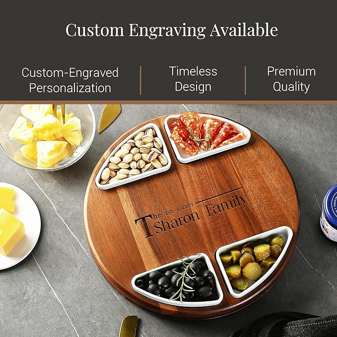 Shanik Upgraded Lazy Susan Cheese Cutting Board Set - Round Acacia Charcuterie Board with 4 Ceramic Bowls - Wedding Gifts - Cheese Serving Platter - Bridal Shower