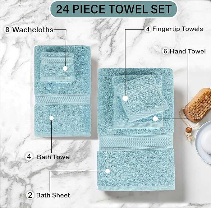 HILLFAIR 24 Piece Bath Towels Set for Bathroom- 100% Cotton 24 PC Bulk Pack Hotel Spa Towel Set- 2 XXL Oversized Big Towels, 4 Bath Towels, 6 Hand Towels, 4 Fingertip Towels, 8 Washcloths: Ocean Blue