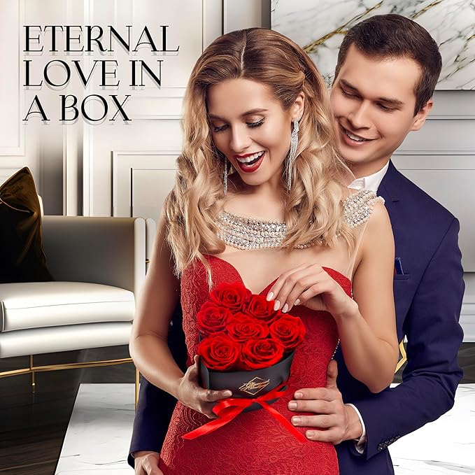 GLAMOUR BOUTIQUE 7 Flower Forever Heart Shape Box - Preserved Roses Gift for Her, Preserved Flowers, Red