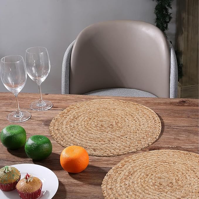 Craft Trade Set of 4 Round Woven Placemats Rattan Boho Hyacinth Farmhouse Wicker Placemats for Dining Table Indoor Outdoor Dining Table Mat (13 Inch Diameter)