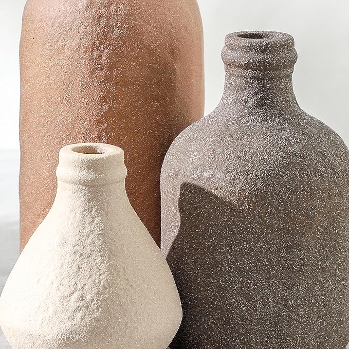 Ceramic Vase Set of 3, Vases Home Decor, Decorative Vases for Table, Boho Flower Vase Modern Neutral Vases for Room Decor, Table, Mantel,Entryway Living Room Kitchen Bedroom Bathroom - Brown
