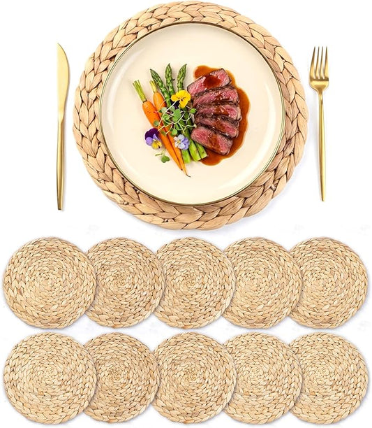 Natural Round Placemats Set of 10, 12 inch Woven Placemats, Herringbone Pattern, Table Mats Braided Heat Proof, Farmhouse Boho Table Place Mat Ourdoor Wicker Chargers for Dinner Plates