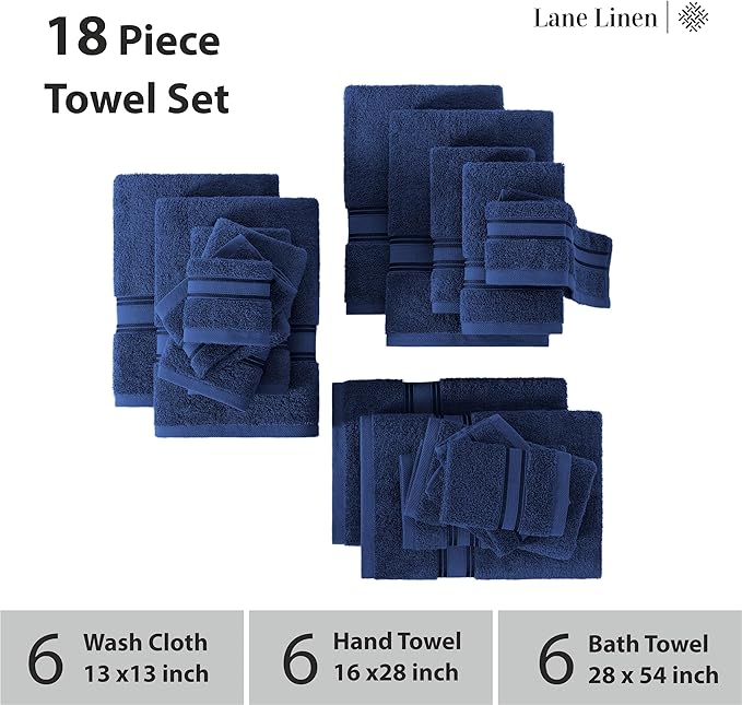 LANE LINEN 100% Ring-Spun Cotton Bath Towel Set of 18 – Zero Twist Shower Towels, 6 Bath, 6 Hand Towel & 6 Washcloths, Quick-Dry, Luxuriously Soft & Durable, Perfect for Everyday use – Navy
