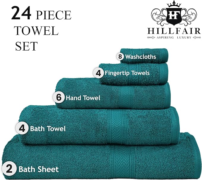 HILLFAIR 100% Cotton Towels Set for Bathroom, Quick Drying, High Absorbent 24Pc Towel Set, 2 Bath Sheets, 4 Bath Towels, 6 Hand Towels, 4 Fingertip Towels, 8 Washclothes: Teal (600GSM-24PC-TEAL)