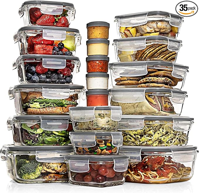 Razab 35 Pc Set Glass Food Storage Containers with Lids - Meal Prep Airtight Bento Boxes BPA-Free 100% Leak Proof (15 lids,15 glass & 5 Plastic Sauce/Dip Containers)