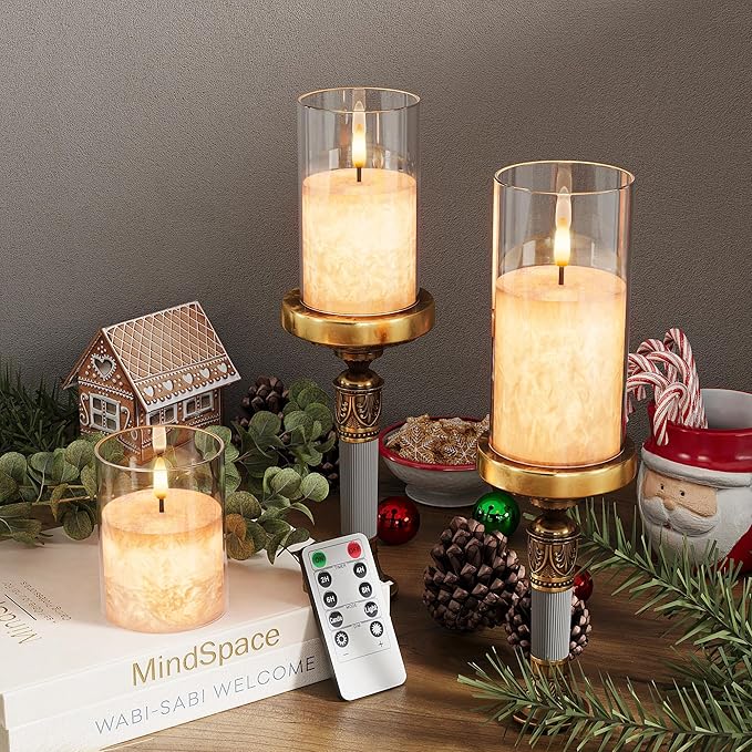 Ice Crystal Real Wax Glass Flameless Candles with Remote & Timer, Battery Operated Candles with Warm Flickering Flame, Realistic LED Candle for Wedding Home Decor [D3×H4/5"/6"] Clear, 3Pack