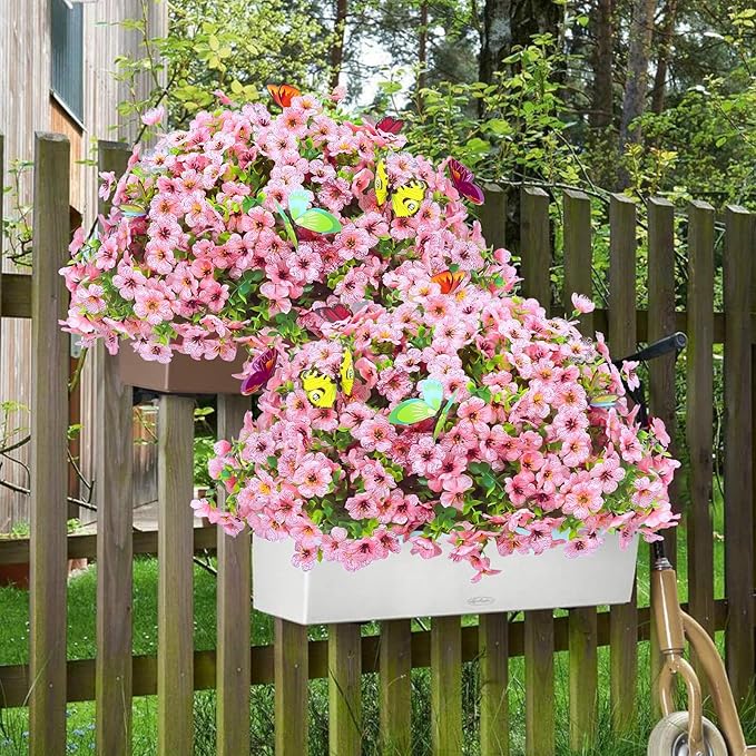 20 Bundles Artificial Flowers for Outdoors‌ with 6 Faux Butterflies, UV Resistant Fake Flowers‌ with Eucalyptus Leaves, Artificial Plants Outdoor‌ for Patio Garden Porch Home Decor (Pink)