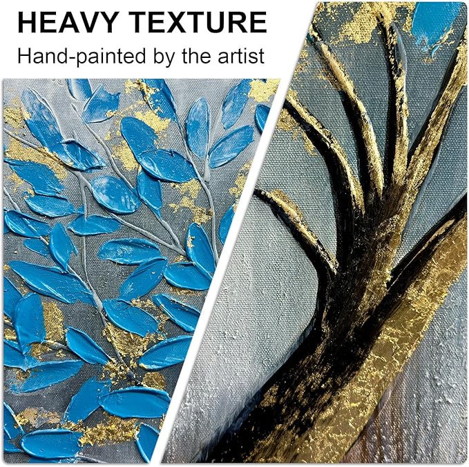 Tree of Life Large Abstract Vintage Blue Framed Canvas Wall Art, Modern Abstract Textured Painting, Large Framed Panoramic Landscape Artwork for Living Room, Bedroom, Office, Home Decor 60"x30"