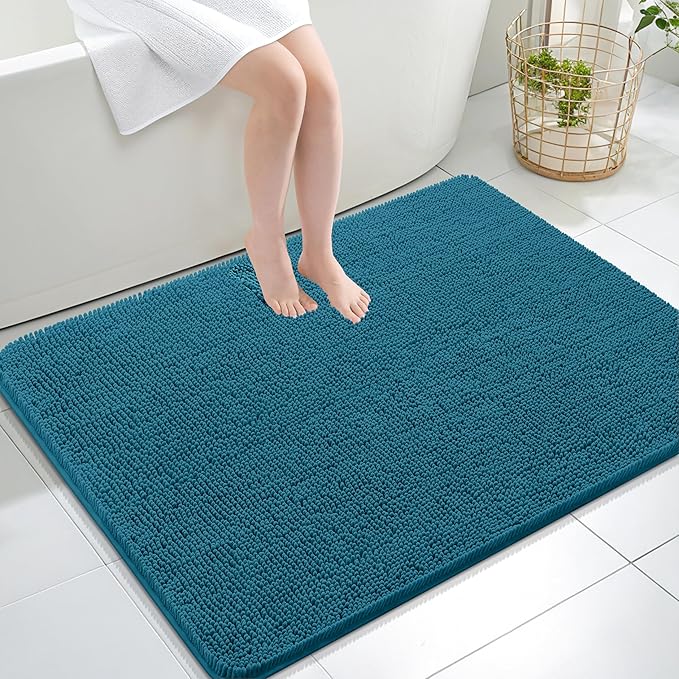 OLANLY Bathroom Rugs 40x32, Extra Soft Absorbent Chenille Bath Rugs, Rubber Backing Quick Dry, Machine Washable Bath Mats for Bathroom Floor, Tub and Shower, Home Decor Accessories, Peacock Blue