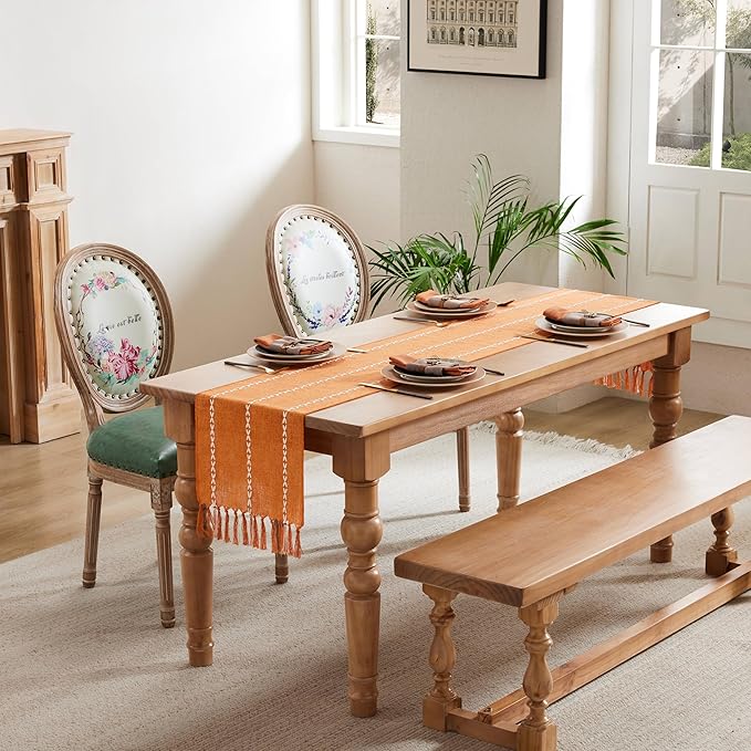 Braided Farmhouse Table Runner,Braided Pumpkin 13x48 Inch, Cotton Linen Table Runners 48 Inches Long, Embroidered Striped Pumpkin Boho Table Runner Rustic Home Decor