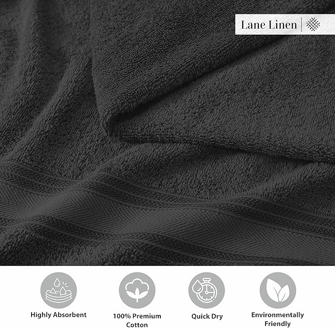 LANE LINEN 100% Cotton Bath Towels 4 Pack (28"x54") - Zero Twist, Mercerized Cotton Large Towel Set for Bathroom - Quick Dry, Soft & Absorbent Large Bath Towel Set - Oeko Tex Certified - Black Towels