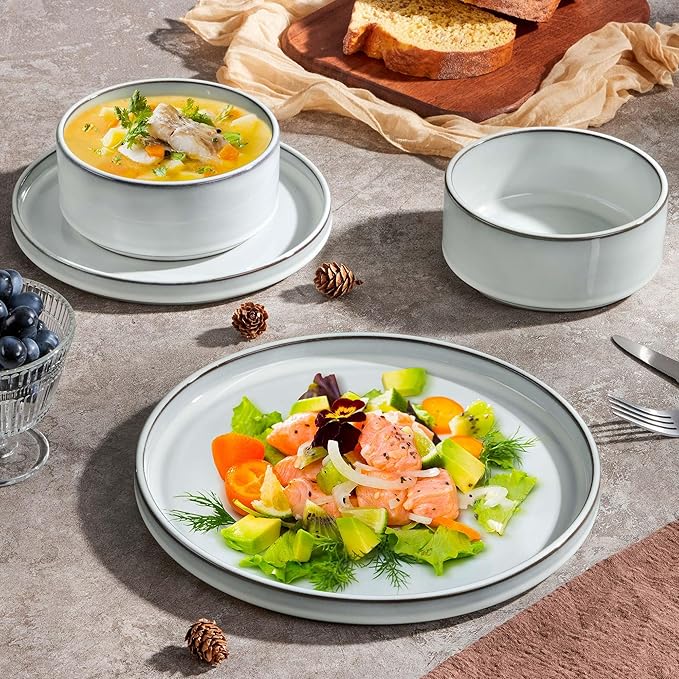 Herogo 24 Pieces Stoneware Dinnerware Set for 8, Ceramic Dinner Dishware Sets for Home Kitchen, Plates and Bowls with Rustic Terracotta Bottom, Dishwasher & Microwave Safe, Icy White