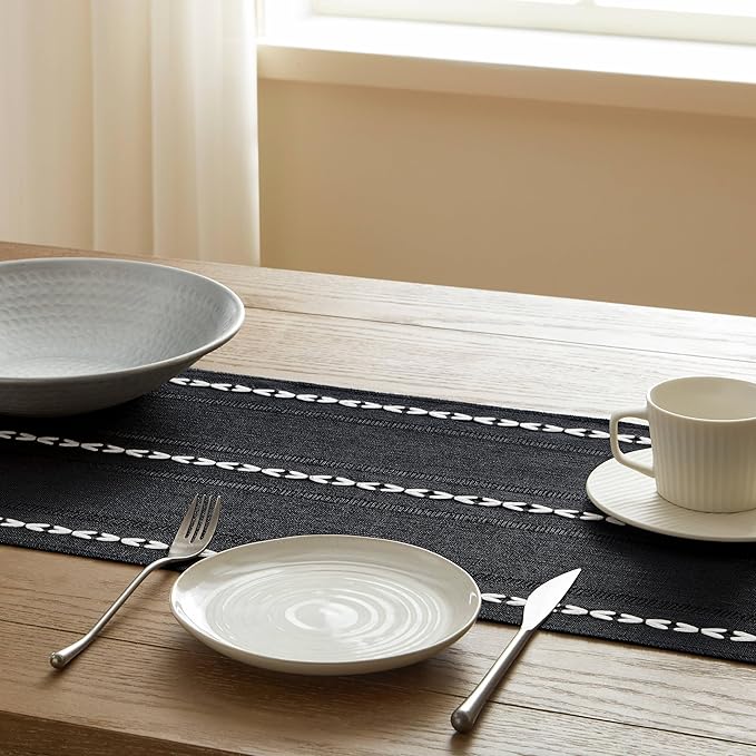 Hemstitched Farmhouse Table Runner, Black 13x108 Inch, Cotton Linen Table Runners 108 Inches Long, Embroidered Striped Orange Boho Table Runner Rustic Home Decor