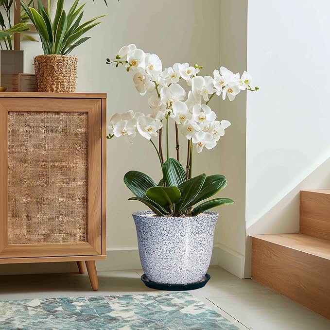 12 Inch Pot for Plants- Ceramic Planter Indoor Outdoor, Round Large Plant Pots with Drainage Hole and Saucer, Decorative Flower Pots, Modern Planter, Garden Decor, Plant Lovers Gifts, Green