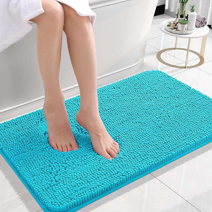 OLANLY Bathroom Rugs 24x16, Extra Soft Absorbent Chenille Bath Rugs, Rubber Backing Quick Dry, Machine Washable Bath Mats for Bathroom Floor, Tub and Shower, Home Decor Accessories, Aqua Sky