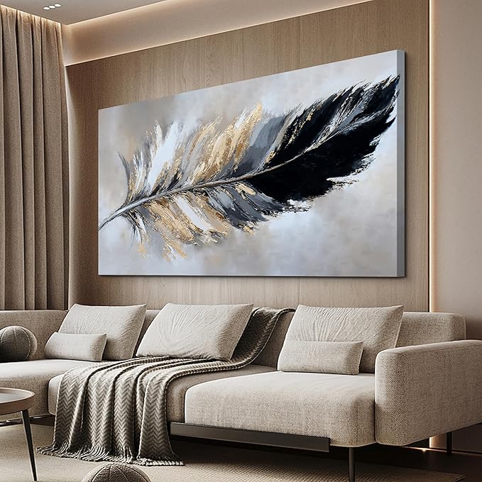 YISXINOAG Modern Canvas Wall Art Black and Gold Wall Decor Large Abstract Wall Art for Living Room Modern Home Decorations Abstract Art Prints Minimalist Feather Home Artwork Size 29"X58"
