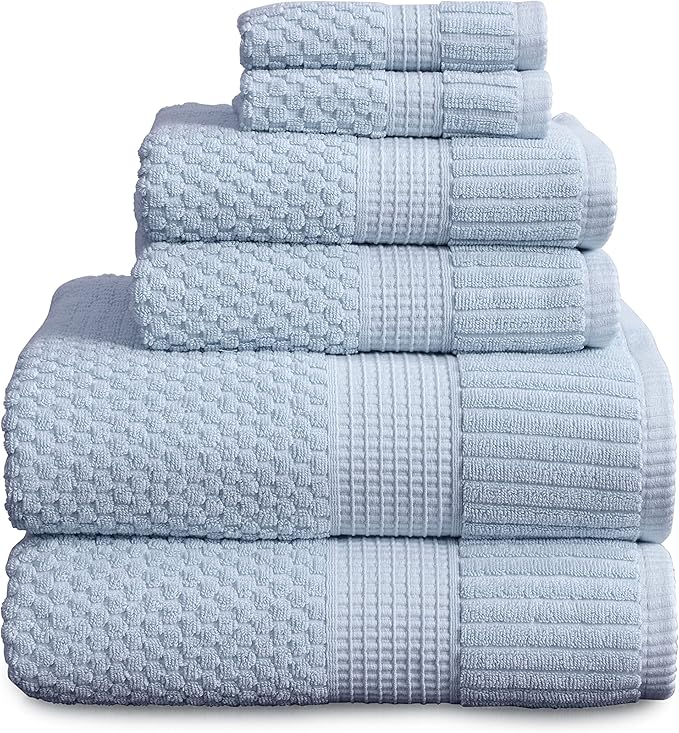 NY Loft 100% Cotton Towel Set 6 Piece | Super Soft & Absorbent Quick-Dry 2 Bath Towels 2 Hand Towels & 2 Washcloths |Textured and Durable Cotton | Trinity Collection (6 Piece Set, Chambray Blue)