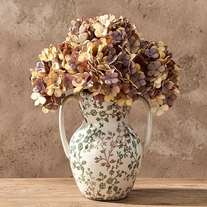 Green and Beige Farmhouse Vintage Vase with 2 Handles, Chinoiserie Floral Vase, Rustic Ceramic Vases for Home Decor, Wedding, Living Room, Table, Shelf Decor - 8.3 Inch Tall