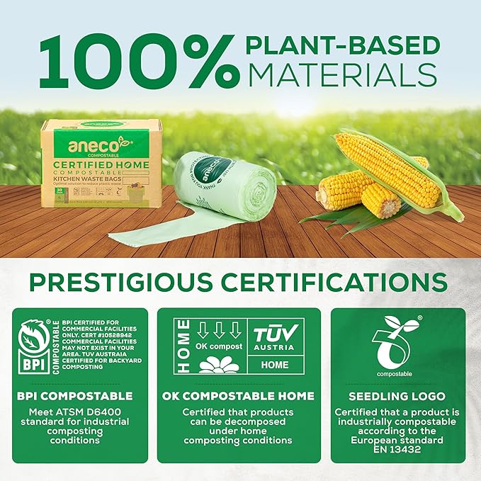 ANECO 4 Gallon Compostable Food Waste Bags with Handles, Extra Thick Compost Bags for Medium Kitchen Garbage/Bathroom Bin, OK Compost HOME & BPI Certified Compostable Bags