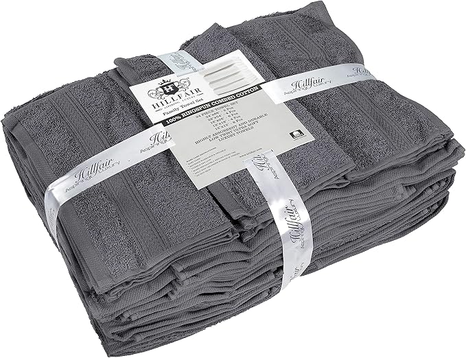 Hillfair 24 Piece Bath Towel Set - 100% Cotton - 2 XXL, 4 Bath, 6 Hand, 4 Fingertip, 8 Washcloths: Platinum
