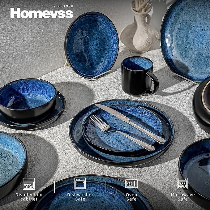 HomeVss 20-Piece Dinnerware Set - Serves 4, Reactive Glaze Bubble Blue Plates & Bowls Set | Microwave & Dishwasher Safe