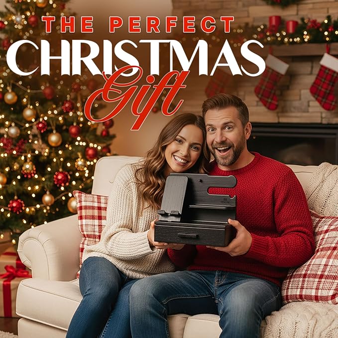 TESLYAR Wood Phone Docking Station with Drawer - Nightstand Organizer - Desk Organizer for Husband - Birthday Gifts for Men, Dad, Anniversary Idea, Key Holder Stand Watch & Accessories (Fumed Black)