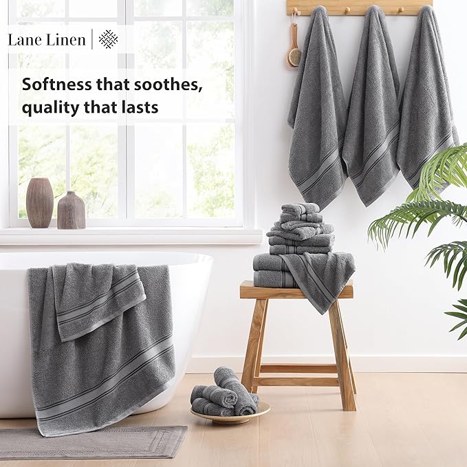 LANE LINEN 100% Ring-Spun Cotton Bath Towels Set of 18 – Zero Twist, 6 Bath, 6 Hand Towel & 6 Washcloths, Soft, Ideal for Spa Hotel & Home, Gentle on Body, Durable After Multiple Washes – Cool Grey