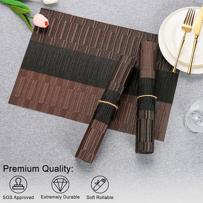 Placemats Set of 6, Vinyl Woven Place Mats Indoor Set of 6 Washable Wipeable PVC Table Mats Heat-Resistant Non Slip Plastic Placemat for Kitchen Dining Outdoor Table (Black Brown, Set of 6)